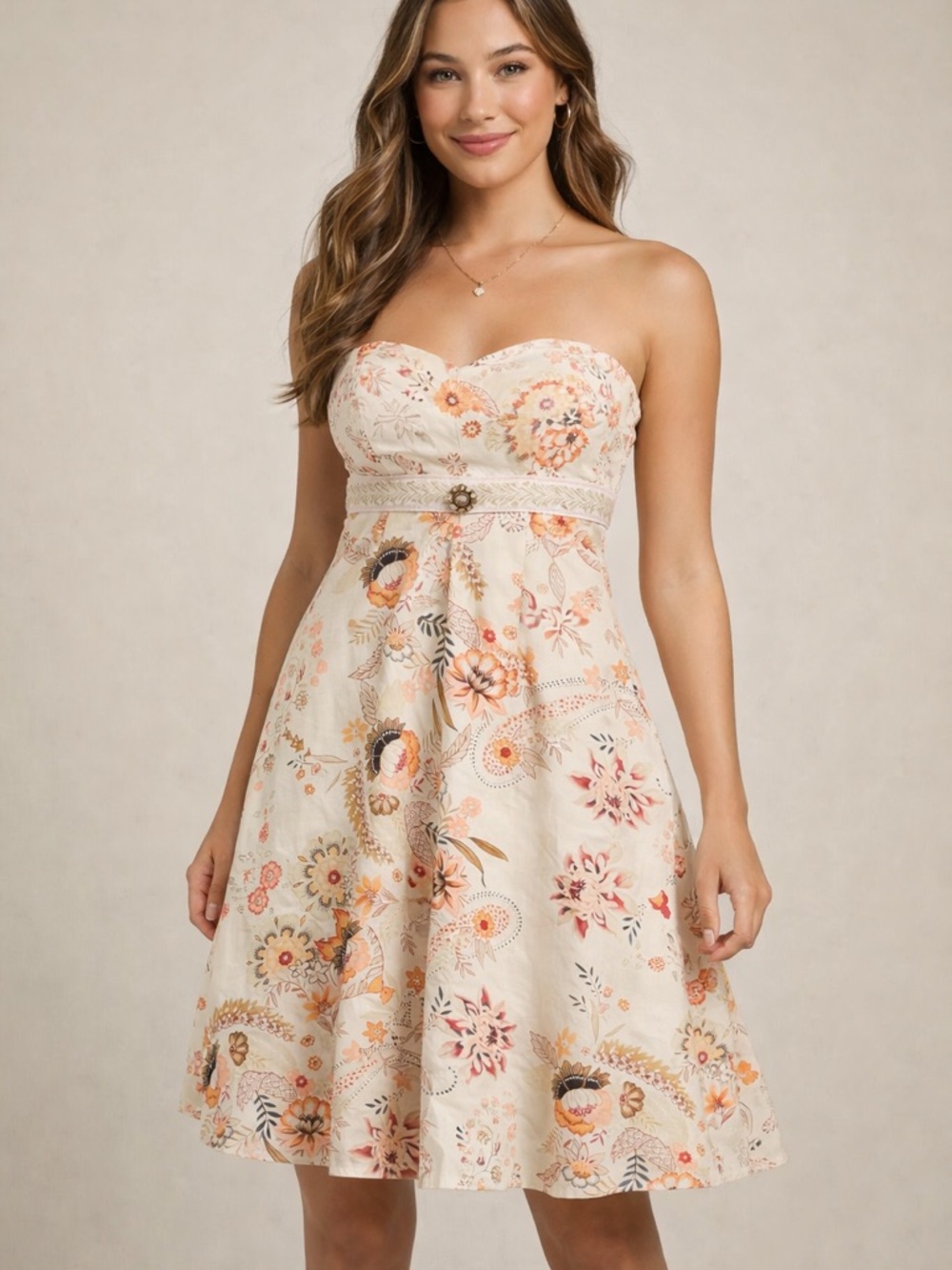 Y2K Ruby Rox size 3 Strapless Floral in Cream, Orange and Pink cottage core